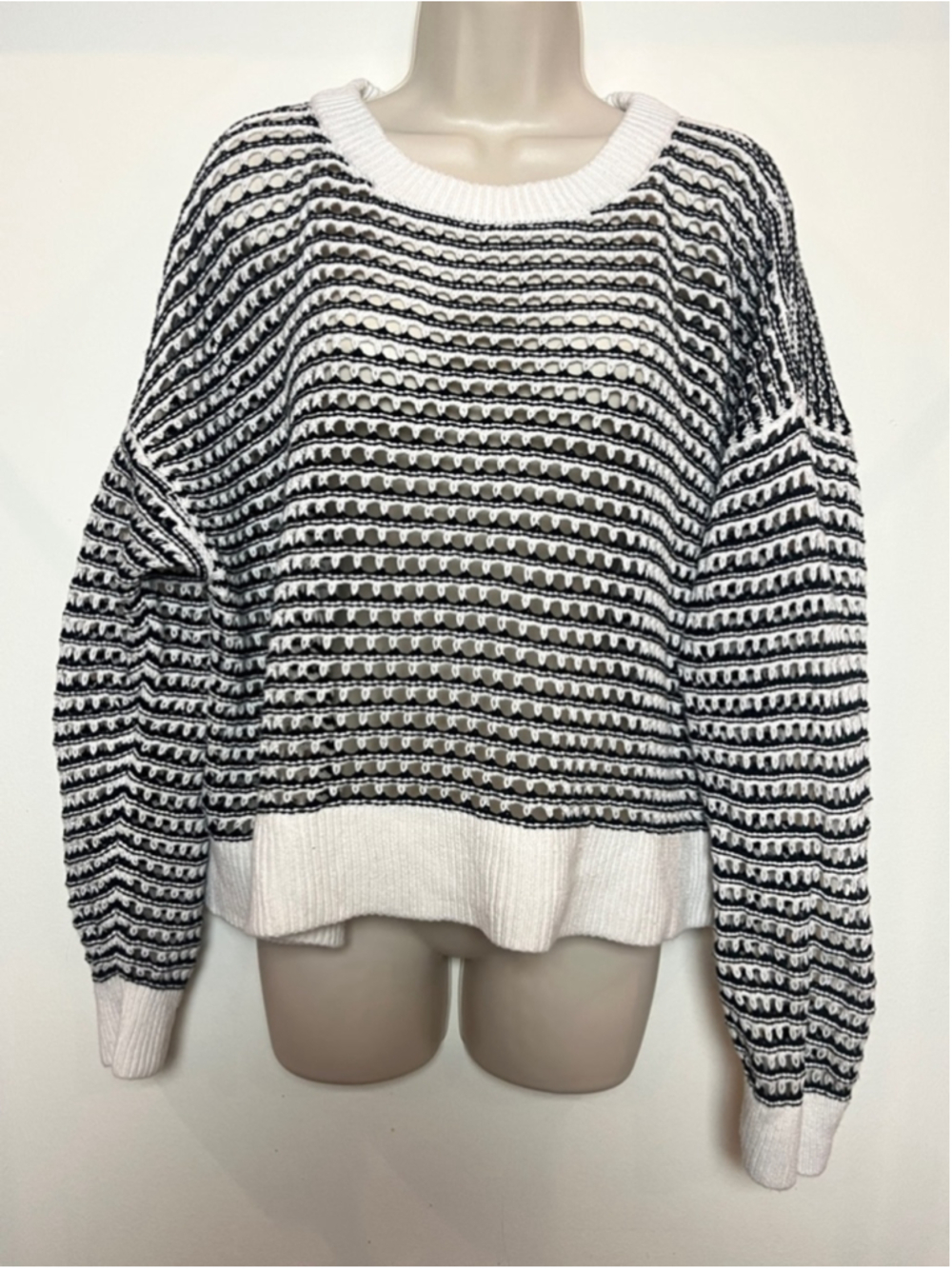 Striped Sweater Open Knit Top Cottagecore Casual Relaxed Fit Fisherman Cotton